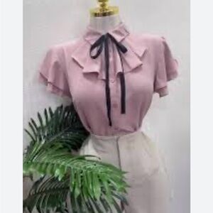 Sweet Wanderer Pink Ruffled Tie-Neck Blouse with Black Bow